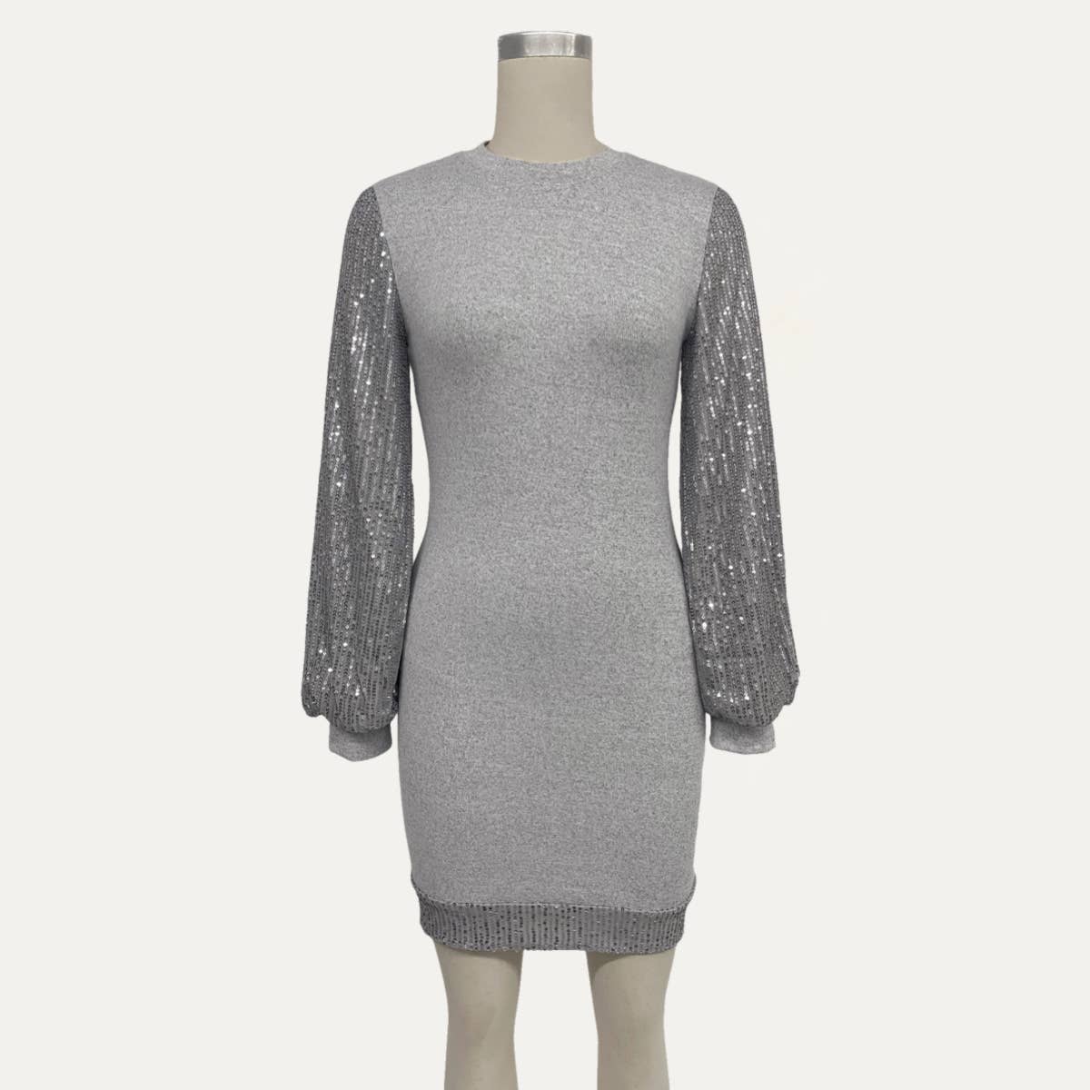 Grå Skinnende grå paillet rundhalset langærmet strikket minikjole for engroshandel på Faire0