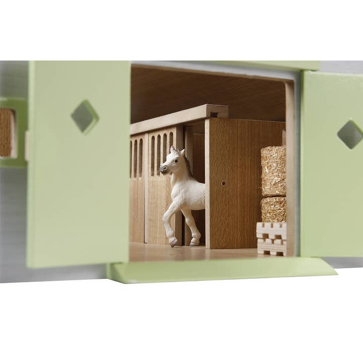 American Hobbies & Merchandising - Wholesale Wood Toy - Kids - Kids Globe 1:24 Scale Wood Horse Stable Toy W/ 7 Stalls Pink2