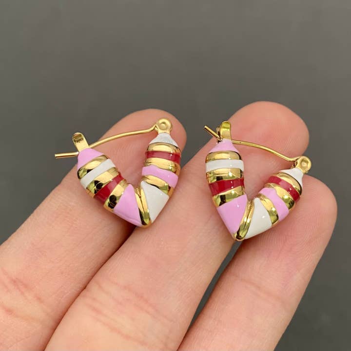 Colored Enamel V Shape 18K Golden SS Hoop Earrings - FGS for wholesale by Mio Queena