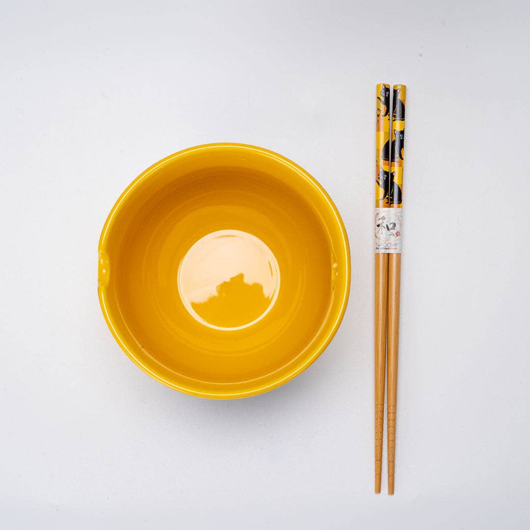 Urban Tokyo - Wholesale Bowl - 18oz 5"D Donburi Bowl With Chopsticks Set Neko Friends Yellow (4/16)2