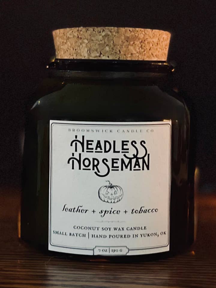 HEADLESS HORSEMAN Apothecary Vintage Halloween Autumn Candle for wholesale by Broomswick Candle Co