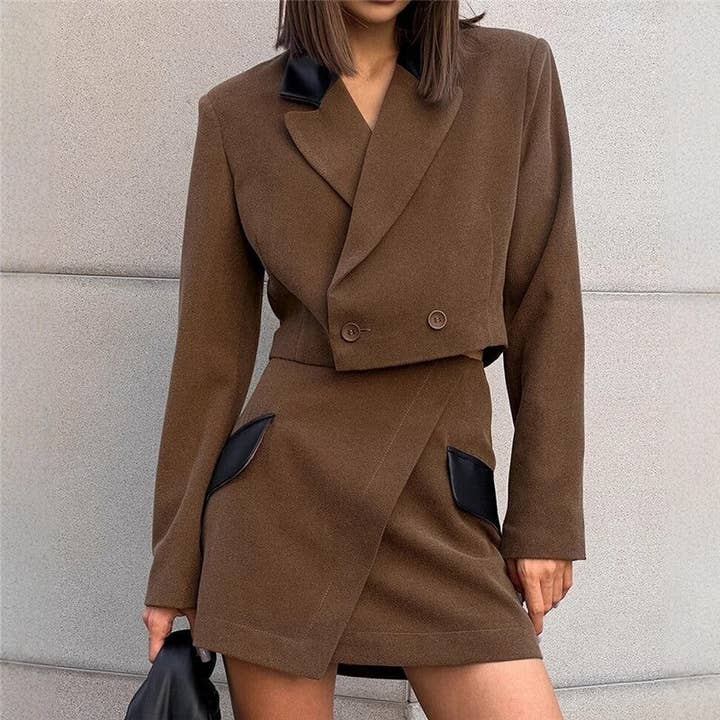 Brown Fashion Color Block Blazer High Waist Skirt Set for wholesale on Faire