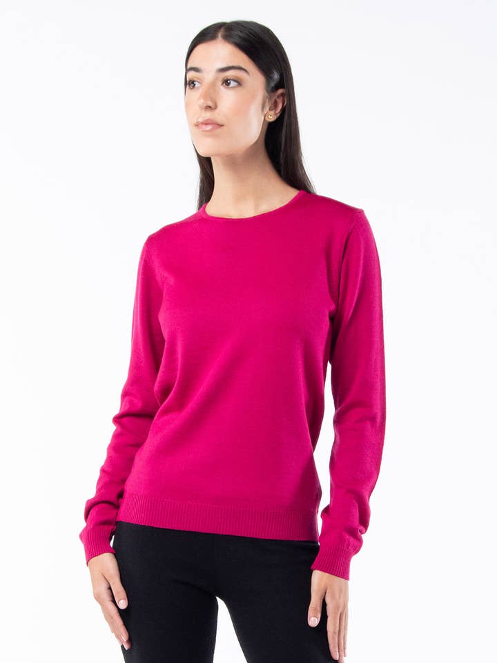 Long Sleeve Merino Wool Sweater - Fuchsia Pink for wholesale by Achega Knitwear