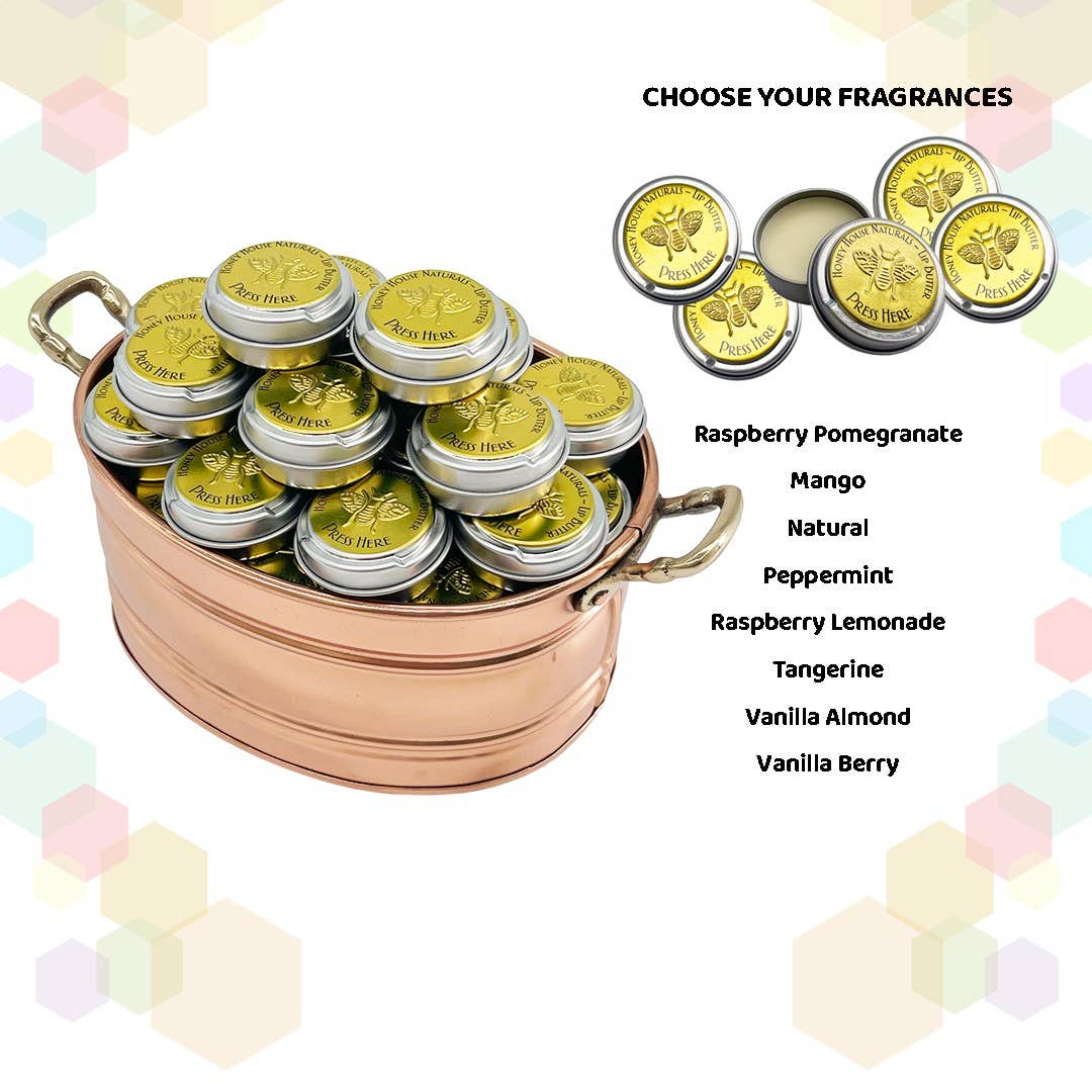 Honey House Naturals - Wholesale Lip Balm - Lip Butter TIN - Pop Top Lid Copper Pot Display - 36 Pieces16
