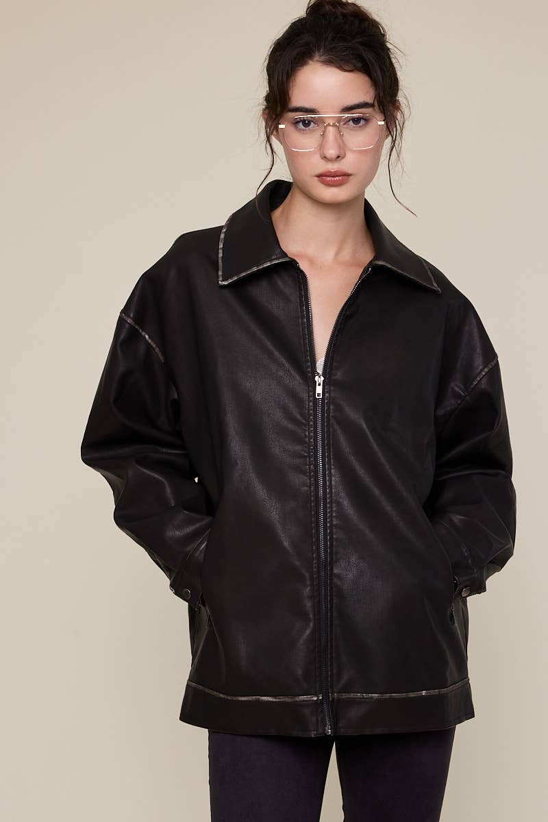 Sky to Moon - Wholesale Leather Jacket - Women's - FAUX LEATHER COLLARED OVERSIZED CASUAL JACKET11