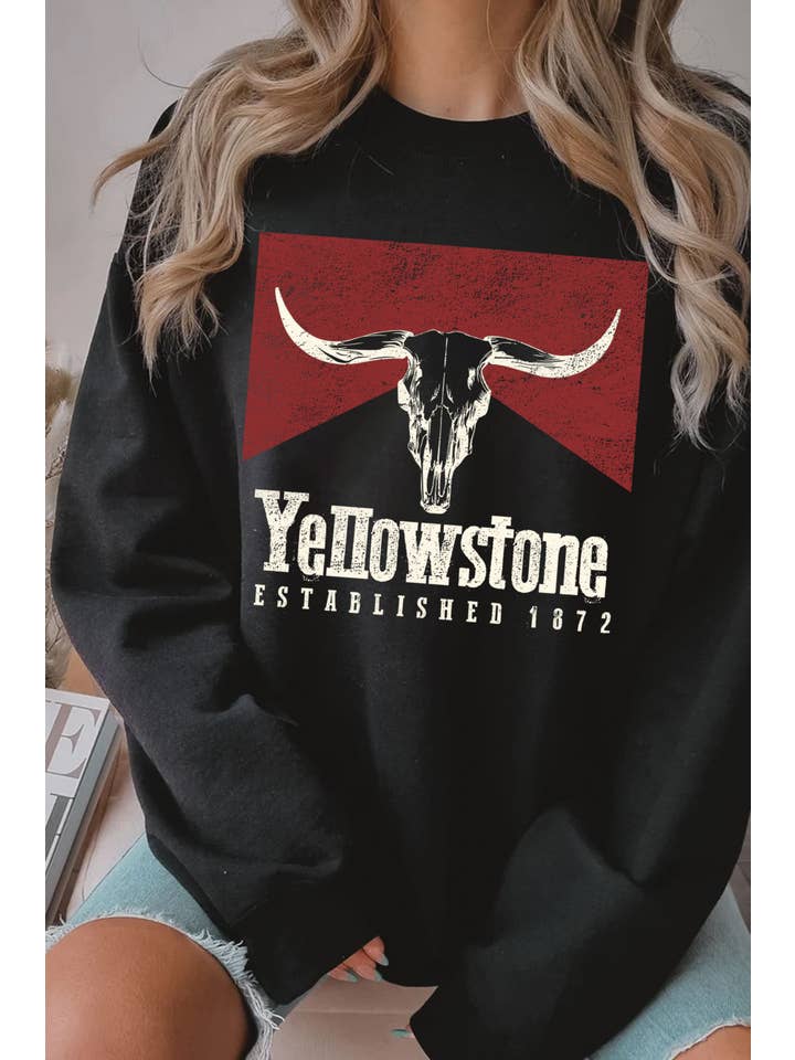 Rustee Clothing - Wholesale Graphic Sweatshirt - Women's - YELLOWSTONE COW SKULL GRAPHIC BRUSHED SWEATSHIRTS