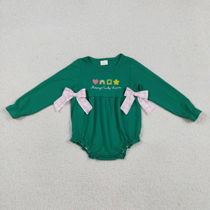 Embroidery Clovers Baby Girls Green Long Sleeve St Patrick Bows Ruffle Rompers for wholesale by Aier Wholesale