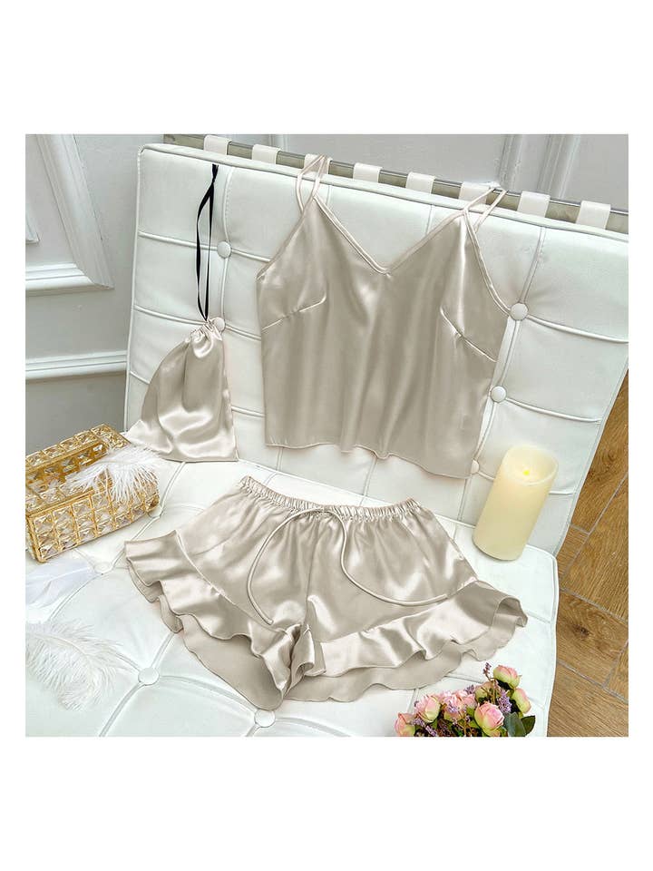 Anna Kaci Wholesale - Wholesale Lounge Set - Women's - Satin Tank and Ruffle Hem Shorts11