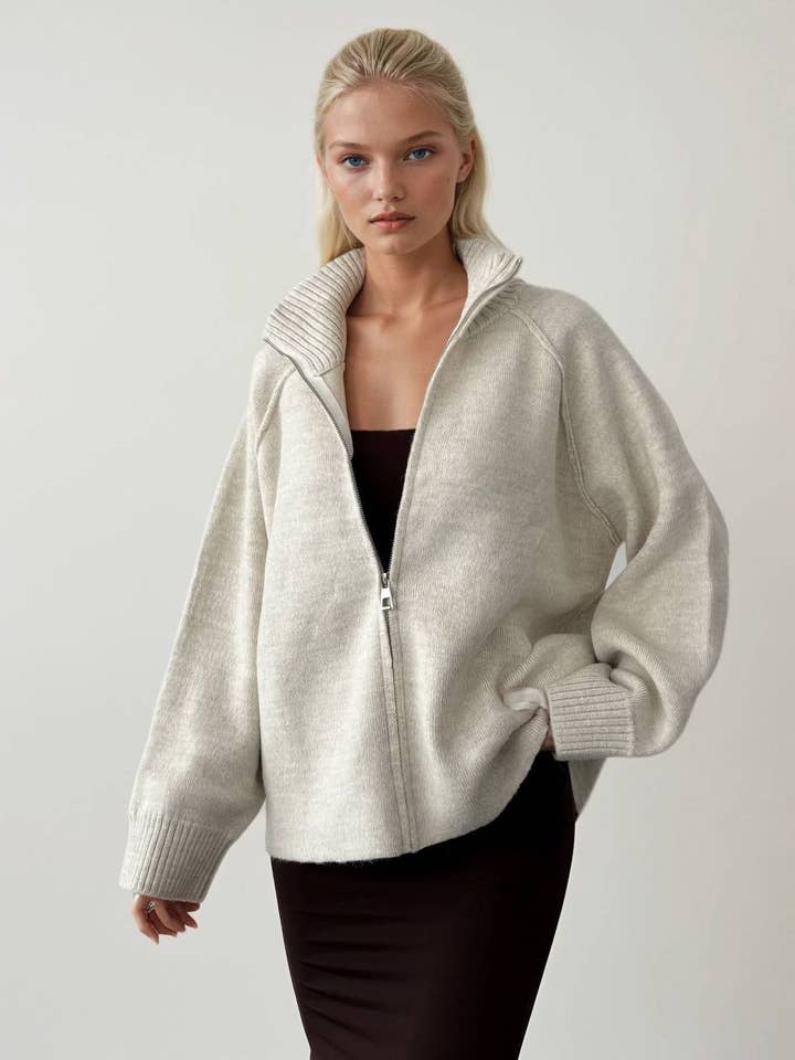 Anaz - Wholesale Jacket - Women's - Zip-up Knit Jacket- ribbed collar2