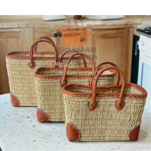 STRUCTURED WEAVE BASKET, FENCH RATTAN BAG, Leather straw bag for wholesale by MIRAMAR Store