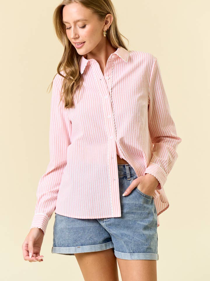 Pin Stripe Long Sleeve Button Down Shirt - 45225T for wholesale by Doe and Rae