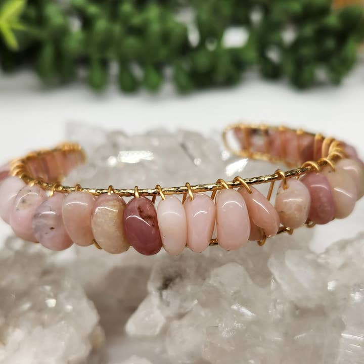 Meraki Gemstones - Wholesale Cuff Bracelet - Pink Opal Bangle/Cuff/Wire Wrapped-18kt. Gold Overlay2