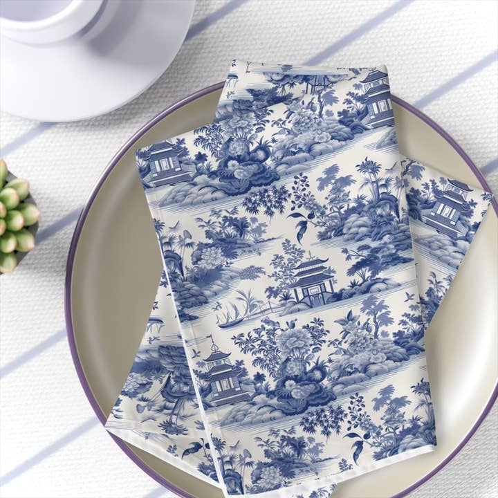 Serviettes en toile bleue chinoiserie pour oiseaux, lot de 4, décoration de mariage pour la vente par Prestige Plume