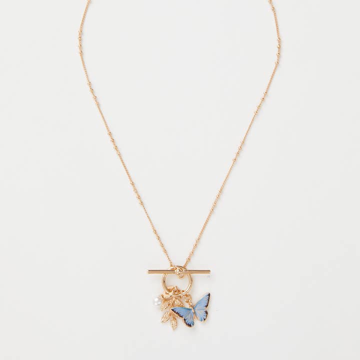 Fable England - Wholesale Pendant/Charm Necklace - Enamel Blue Butterfly & Leaf Charm Necklace - UK, US & EU1