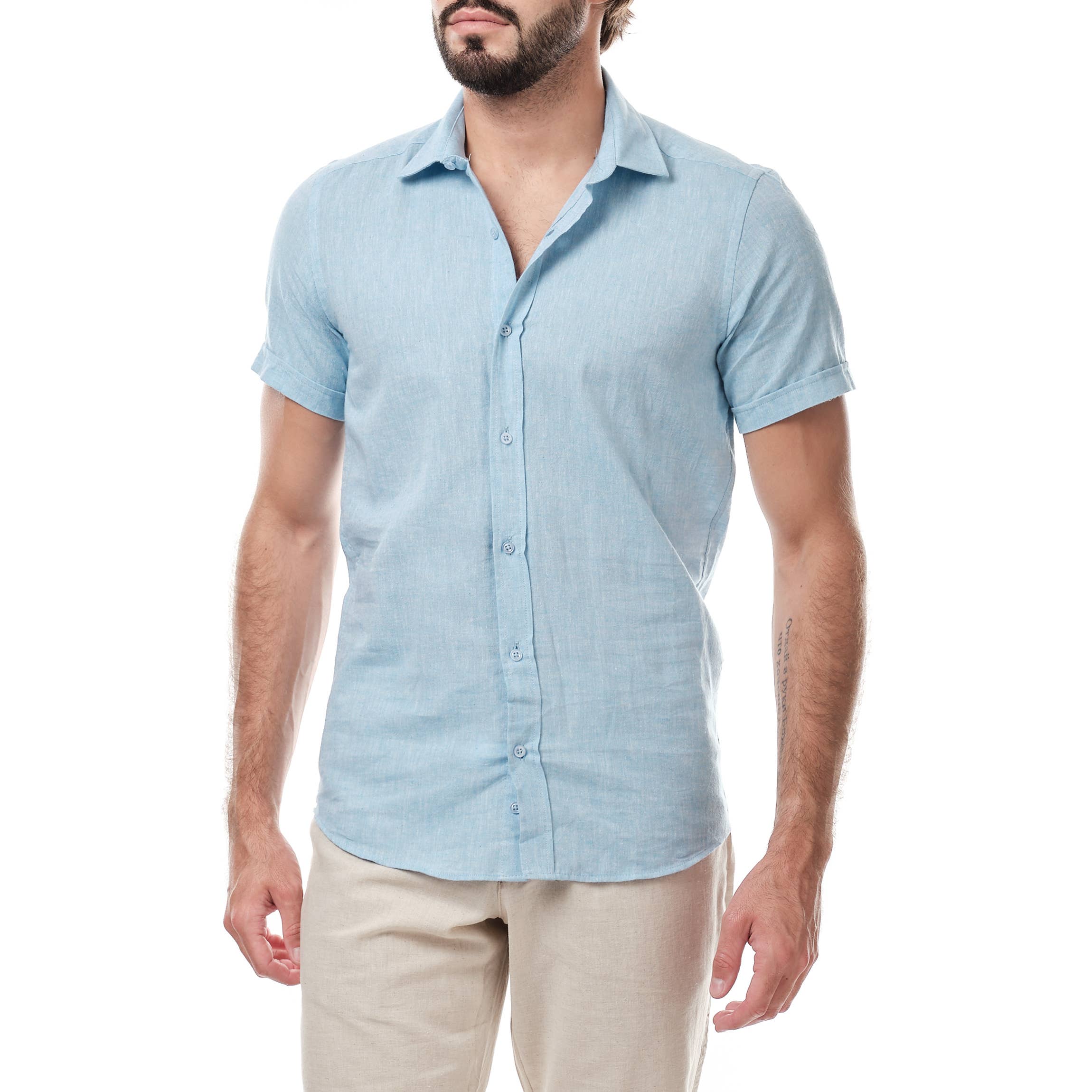 HEMATOMA Camisa masculina lisa de mangas curtas ZARAEL-BLUE (P-XXG) para venda a revendedores na Faire0