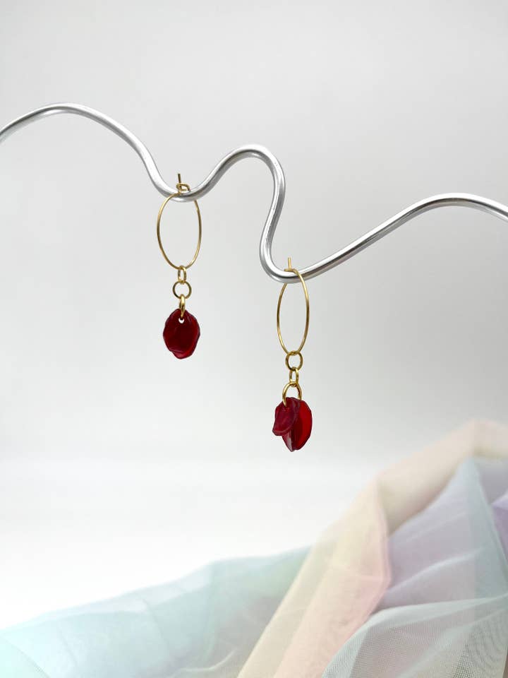 Upcycled Earrings Hoops ELF dark red for wholesale by Slow Up Studio