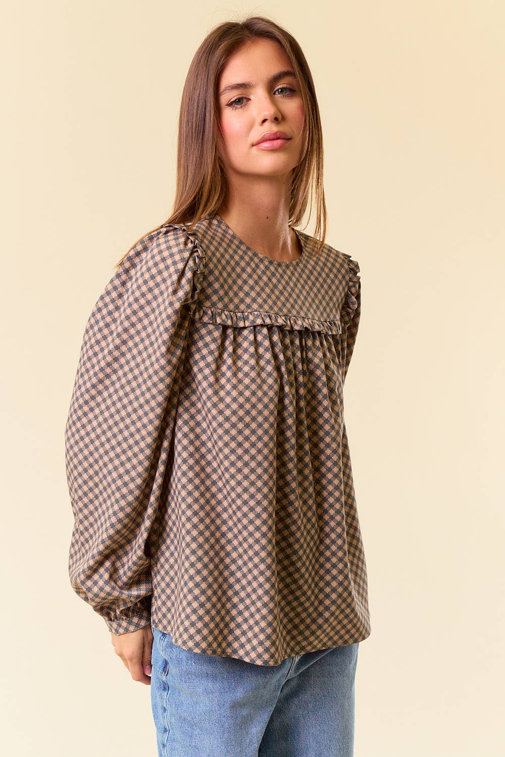 Black Round Neck Puff Long Sleeve Plaid Blouse - 44650T for wholesale on Faire2