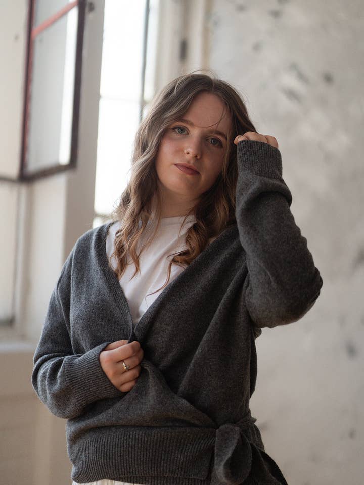 Linnhe Wrap Cardigan Slate for wholesale by Hilary Jane Keyes