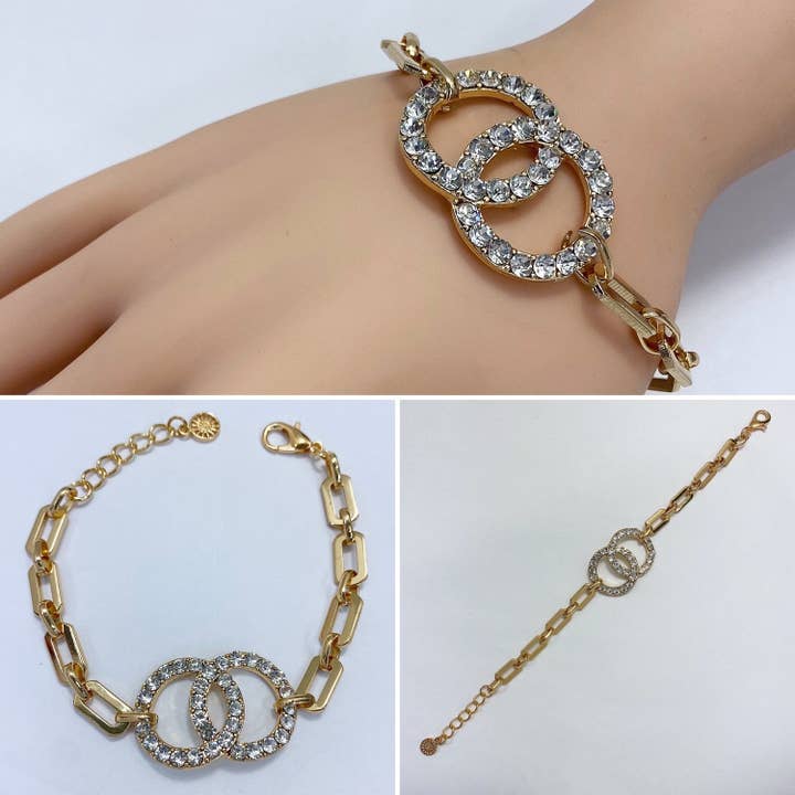 B0171 83B1370 Rhinsten Dekoration Dobbelt Cirkel Design Kæde Armbånd for engroshandel hos Greater Goods Imports & Wholesale