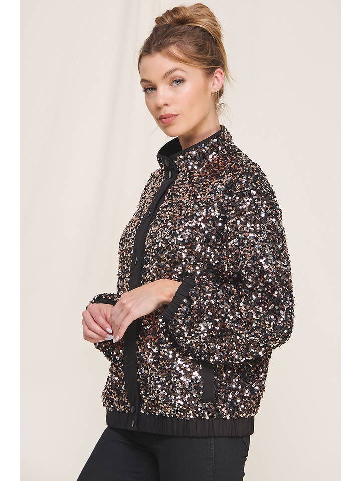 Black Rose Silver Fun Sequins Bomber Jacket for wholesale on Faire1
