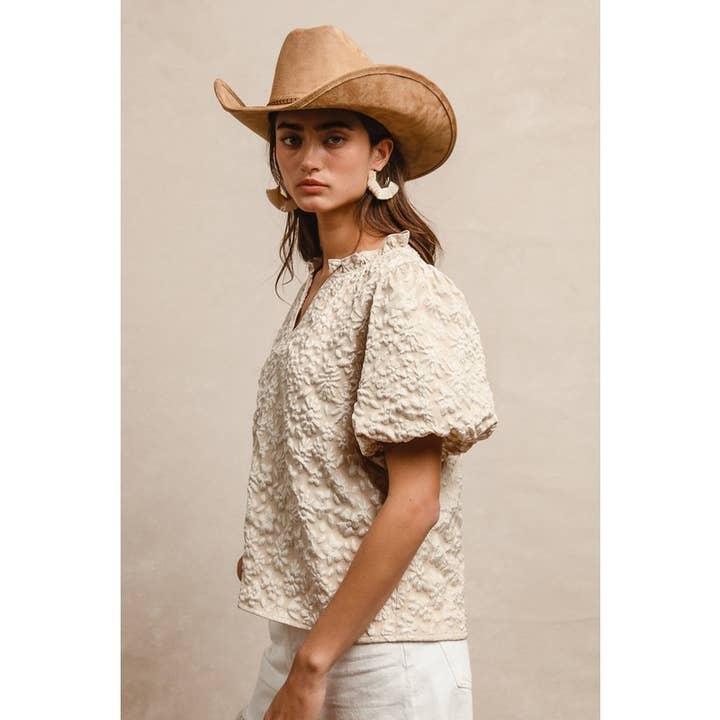 IVE - Wholesale Knit Top - Women's - FLORAL PATTERN TEXTURE SHORT BALLOON SLEEVES TOP10