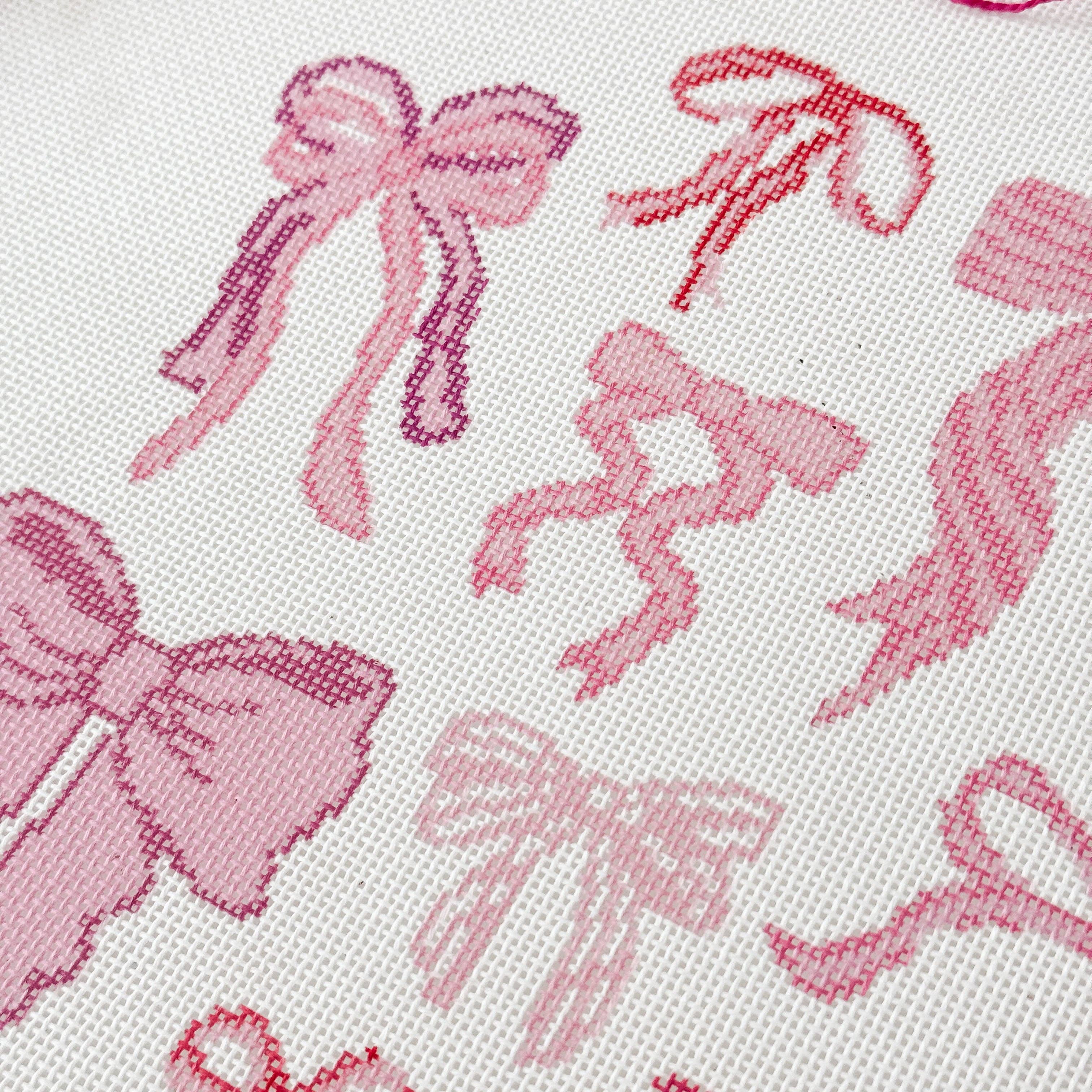 Cotswold Co Designs – wholesale Embroidery/cross-stitch supplies – Hand Painted Coquette Bow 8” Pillow Design Needlepoint Canvas 18 Mesh Coquette Needlepoint Canvas Bow Hand Painted3