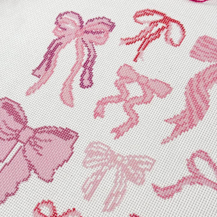 Cotswold Co Designs – wholesale Embroidery/cross-stitch supplies – Hand Painted Coquette Bow 8” Pillow Design Needlepoint Canvas 18 Mesh Coquette Needlepoint Canvas Bow Hand Painted3