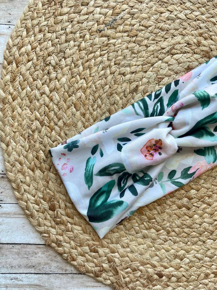 Neutral Watercolor Florals Knit Twist Headband for wholesale by Designs by Rachel Joy