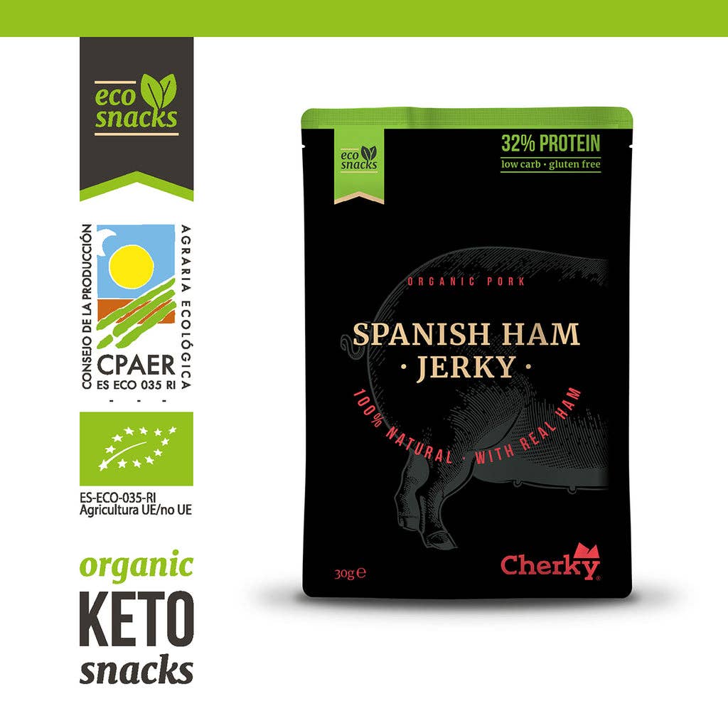 Cherky – Großhandel Trockenfleisch – ECO · Schweinefleisch-Jerky · Spanischer Schinken 30 g1