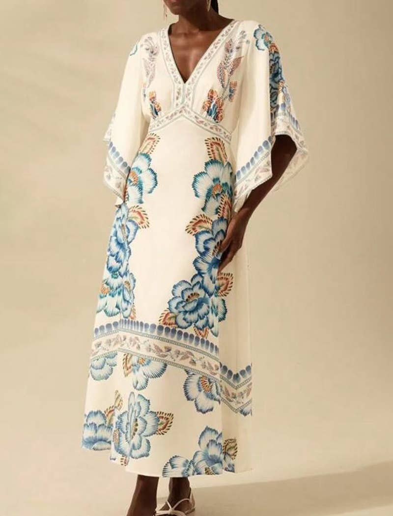 EmberLoom - Wholesale Dress - Women's - Palm Print V-Neck Midi Dress1