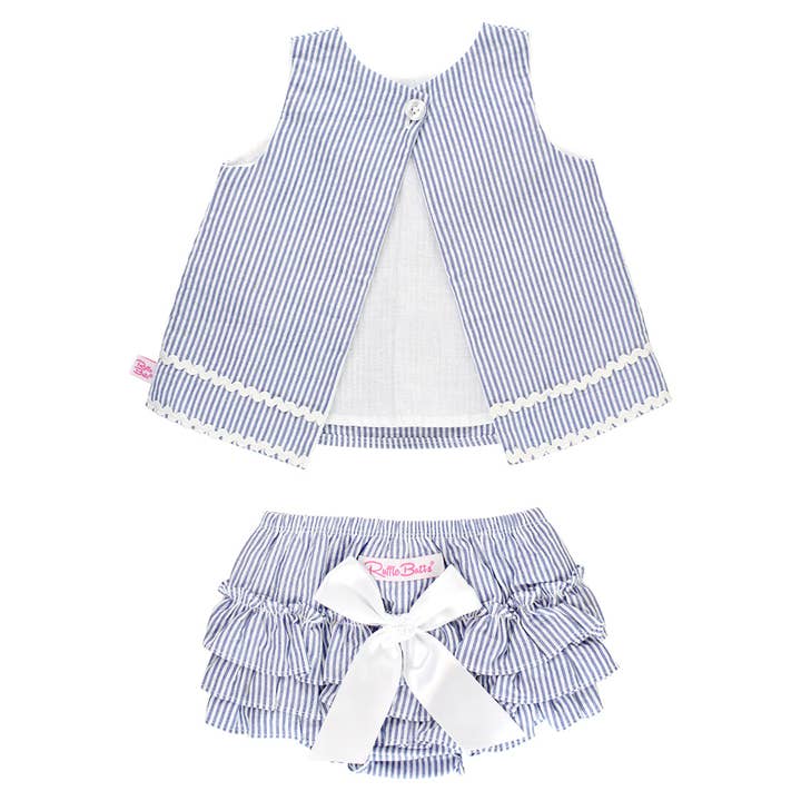 RuffleButts + RuggedButts - Wholesale Top & Short Set - Baby - Baby Girls Blue Seersucker Ric Rac Swing Top & Bloomer Set
1