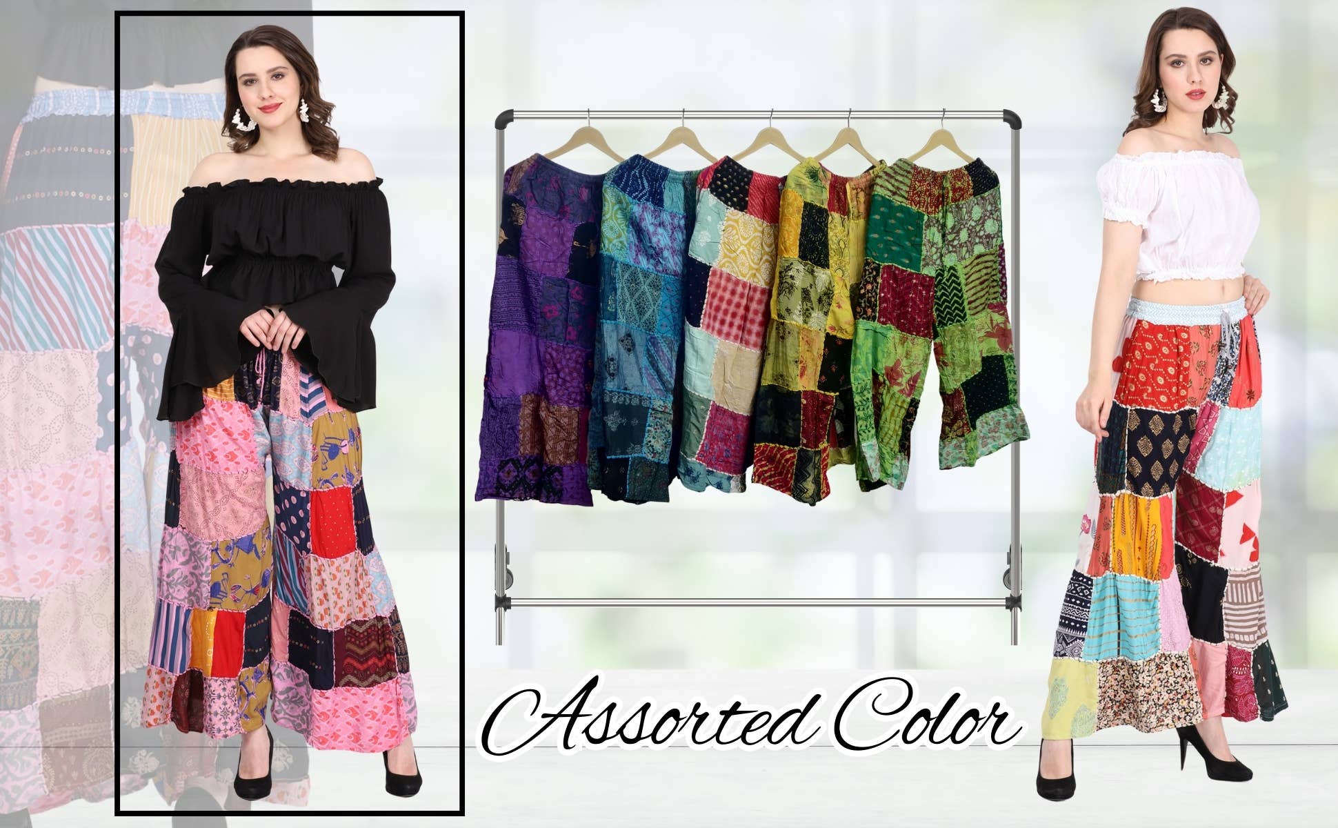 Wevez - Wholesale Pants - Women's - Women Multi Patchwork Wide Leg Pajama Acidwash Pant Mix Lot4