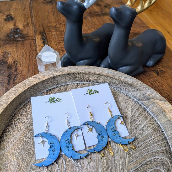 Stag and Branch - Wholesale Dangle Earrings - Blue Celestial Cresent Moon With Stars Large Statment Dangle2