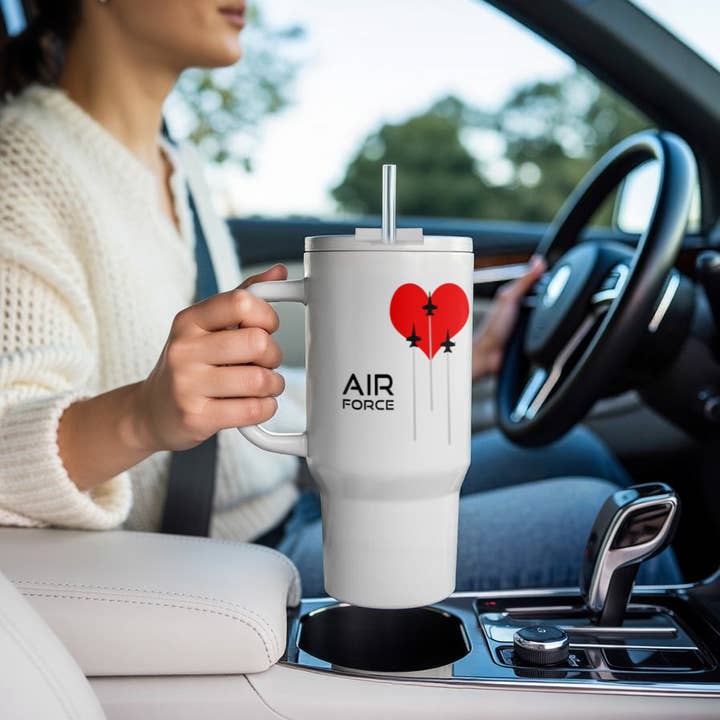 3dRose - Wholesale Insulated Mug/Tumbler - 3dRose, Red heart, three fighter planes, contrails. Text Air Force on white, Tumbler9