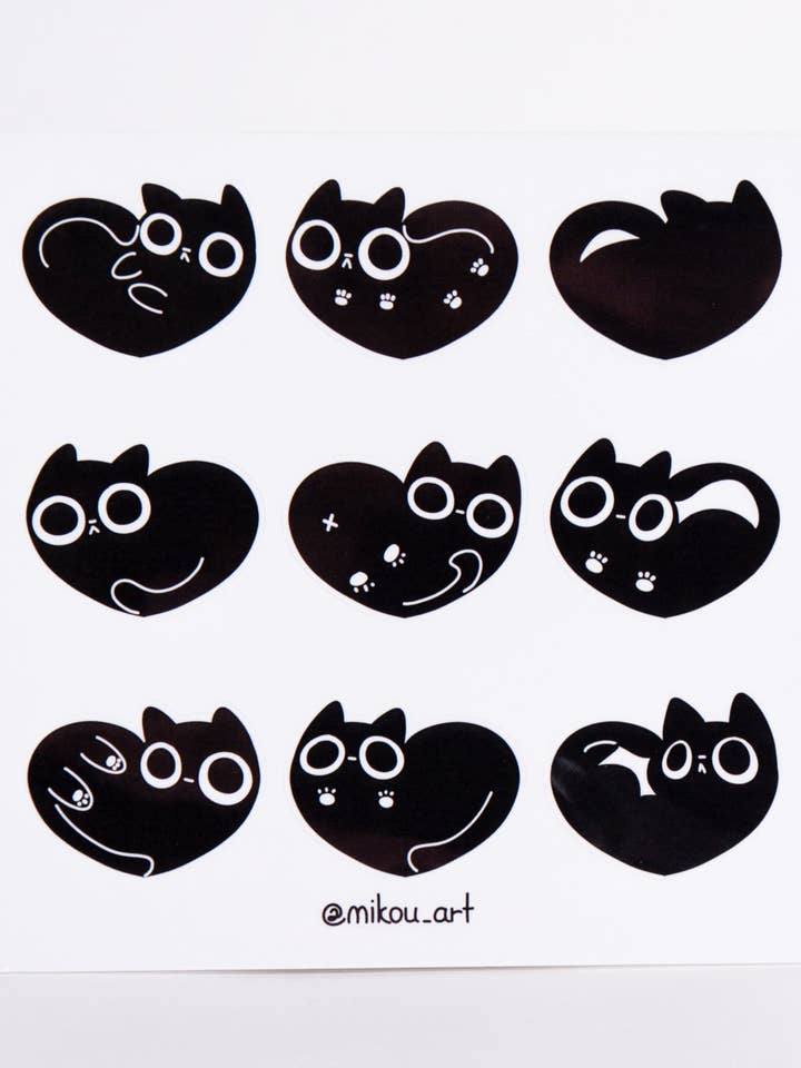 Stickerbogen | Herzförmige flüssige Katze | 5,5x5,5 Zoll | Geschenk für Katzenliebhaber | Mikou Originalkunst für den Großhandel von MikouArt