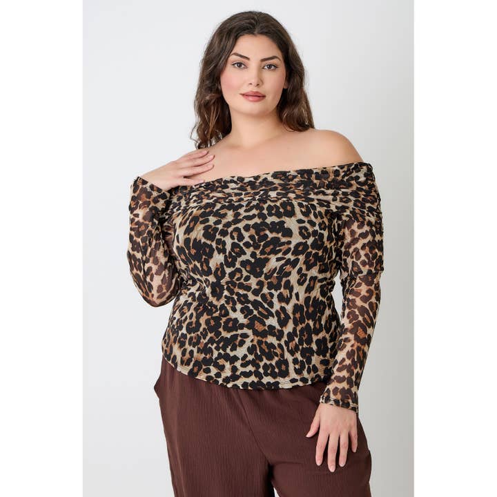 PLUS SIZE LEOPARD ANIMAL MESH PRINT OFF SHOULDER LONG SLEEVE for wholesale by Curve Market