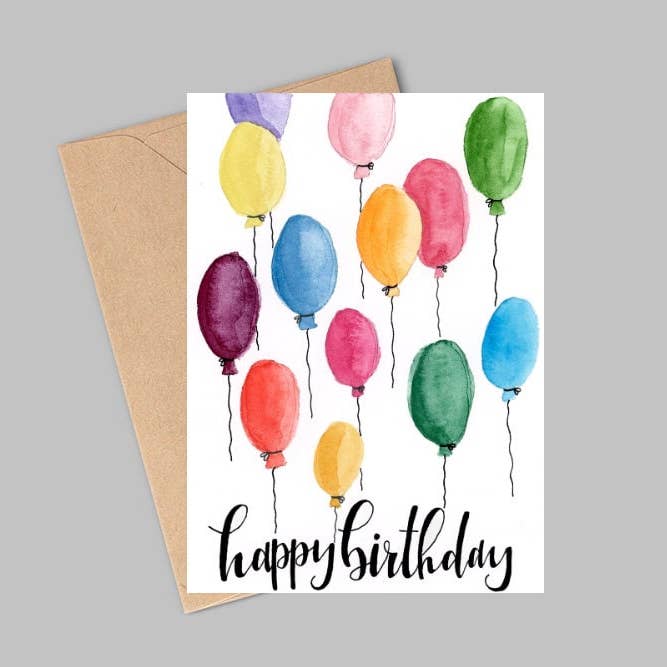 Wild Juniper Art Studio – wholesale Birthday card – Happy Birthday Card, Birthday Card, Watercolour Cards, Watercolour Birthday Card, Balloons, Hand painted Card, Calligraphy1