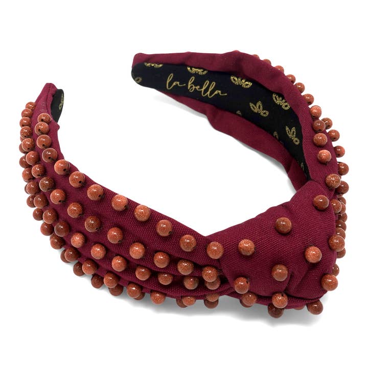 Maroon Canvas & Golden Orange Sandstone Beaded Headband for wholesale by La Bella