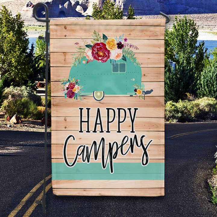 Garden Flag - Happy Camper Camping Light Faux Wood for wholesale by Boutique Monogram