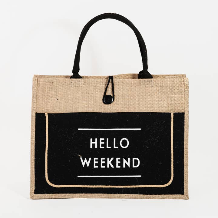 Collections by Fame Accessories - Wholesale Tote Bag - Women's - Hello Weekend Burlap Tote Bag