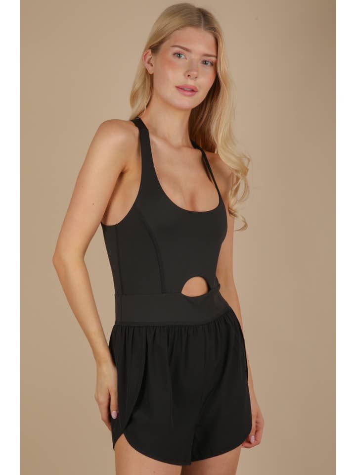 VERY J - Wholesale Romper - Women's - NP70880-Front Cutout Romper Activewear W/ Pantie Lining
