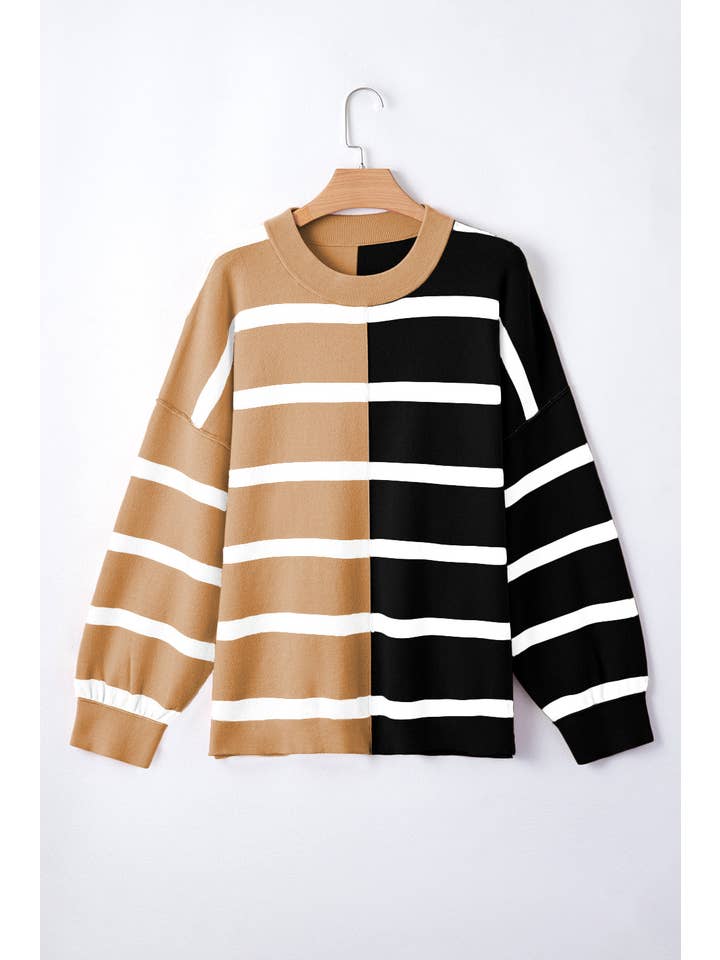 Amaryllis Apparel - Wholesale Tunic Sweater - Women's - Stripe Colorblock Oversized Sweater21