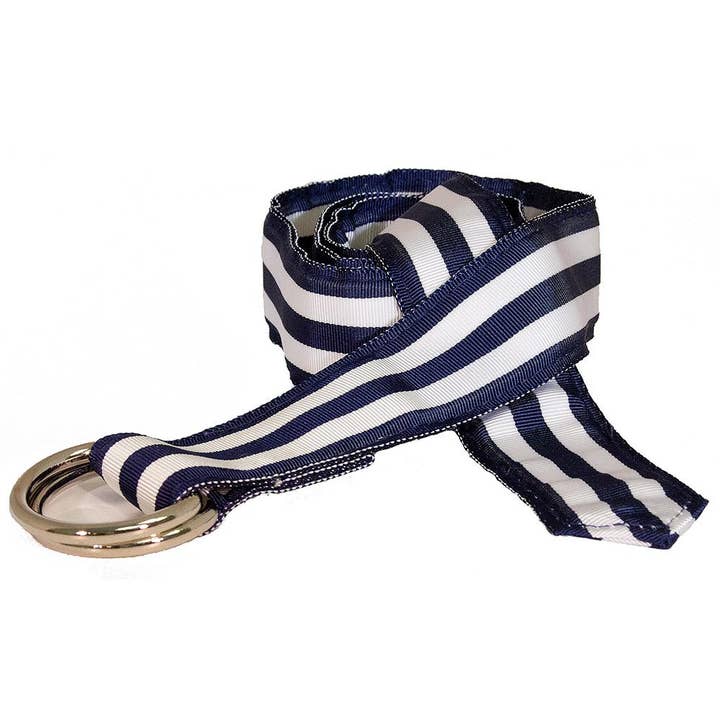 Navy & White Grosgrain Ribbon D-Ring Belt for wholesale by Barrons-Hunter