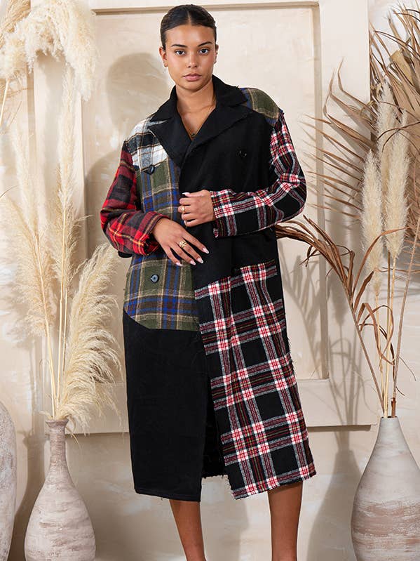 OVERSIZED PLAID COLOR BLOCK WOOL LIKE COAT for wholesale by Rehab Lab