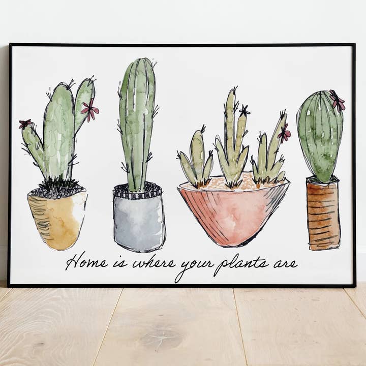 Impresión de cactus pequeños: el hogar es donde están tus plantas para venta al por mayor de Abigail Leigh Designs