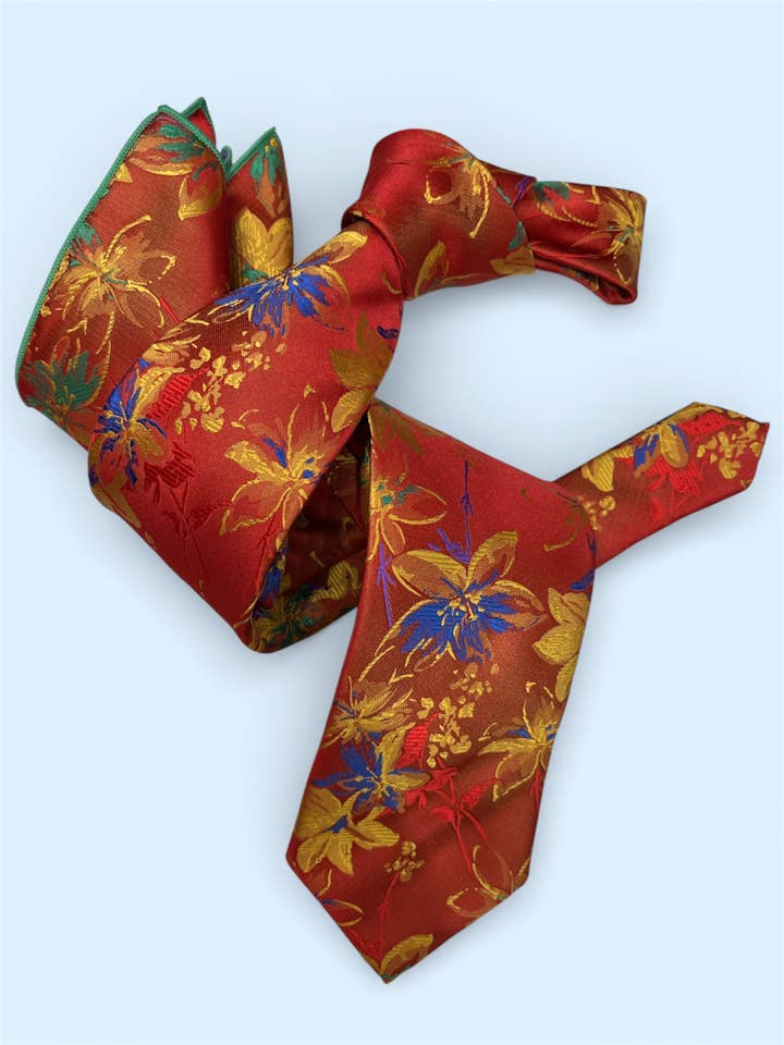 DMITRY 7-Fold Men's Orange Patterned Italian Silk Tie & Pocket Square Set (Limited Edition) for wholesale by DMITRY Ties
