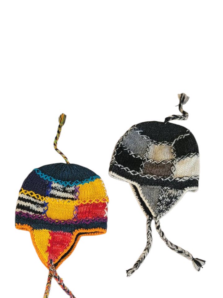H-18 Wool Knitted Patchwork Earflap Hat- Greys & Multicolor for wholesale by Evergreen Guardian Imports