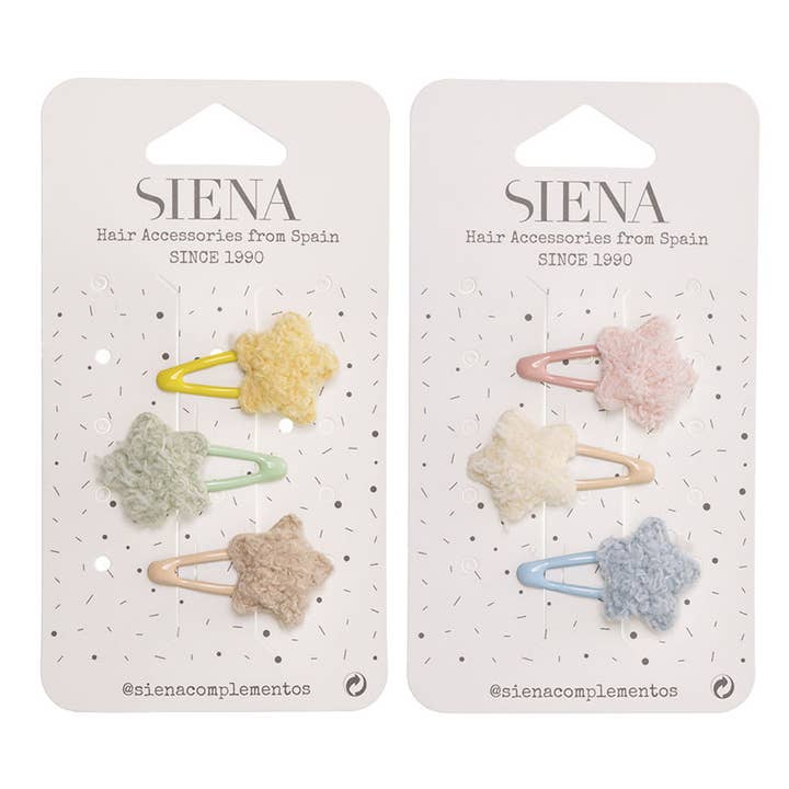 Packung mit 3 Haarspangen mit kleinen pelzigen Sternen für den Großhandel von Siena Hair Accessories
