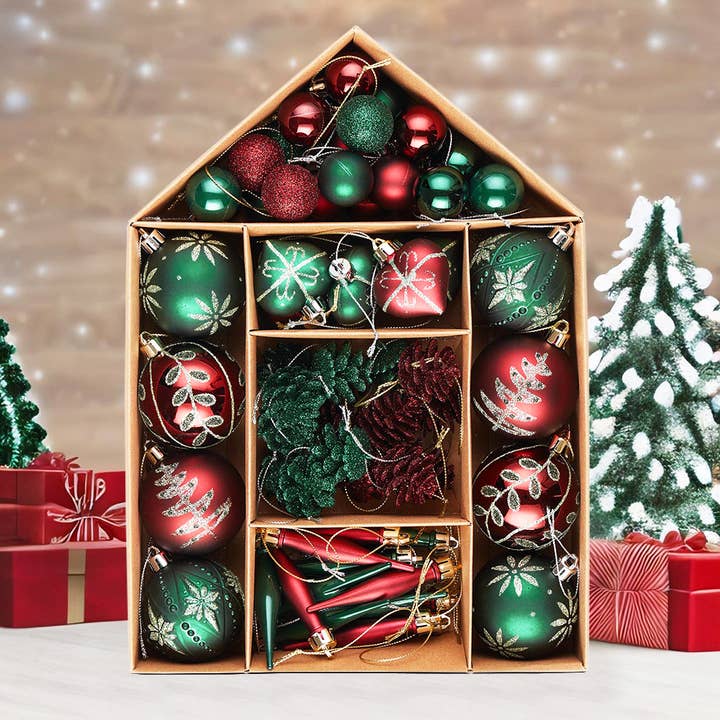 Sofisticado paquete de bolas ornamentales saturadas de color rojo y verde para venta al por mayor de OrnamentallyYou