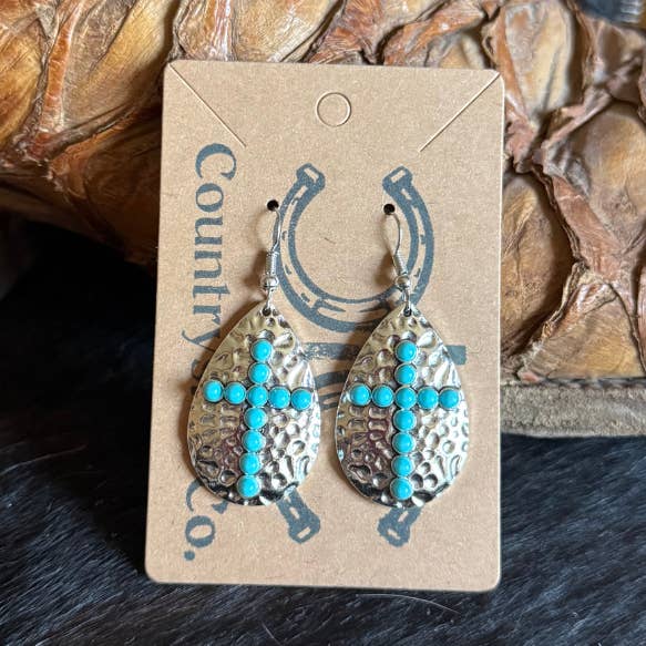 Hammered Silver Cross Dangle Earrings for wholesale by Countryside Co.